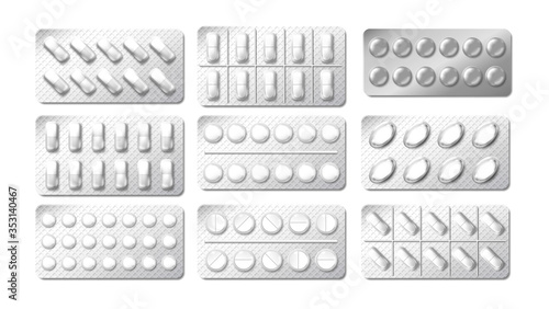 Realistic 3d drugs blister packaging. Medicine painkiller pills Pack. Illustration of chemical tablet vitamin or painkiller in blister isolated on white. Vector