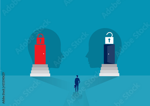 businessman looking door two way between  growth mindset or fixed mindset  vector