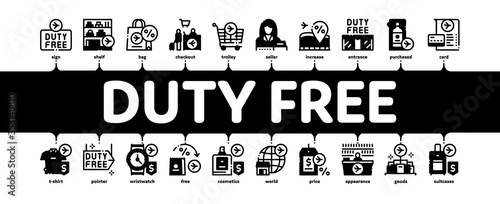 Duty Free Shop Store Minimal Infographic Web Banner Vector. Duty Free Nameplate And Product, Bag And Label, Perfume And T-shirt, Credit Card And Cart Illustration