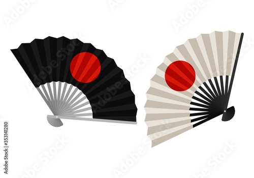 Black and white Hand Fan isolated on white background, Japanese folding fan with rising sun sign, Traditional Asian paper geisha fan icon. Vector illustration