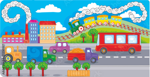 cartoon illustration, cityscape with tall houses, cars and wide roads, vector illustration,