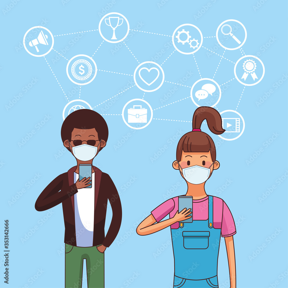 couple wearing medical mask and smartphones for stay connected couple wearing medical mask and smartphones for stay connected