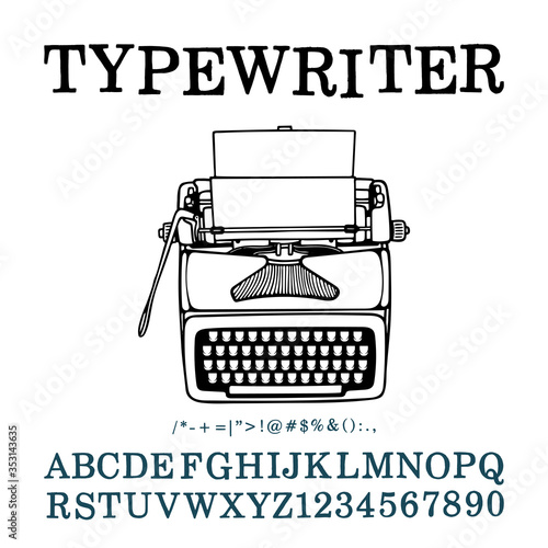 Typewriter. Hand drawn outline retro typewriter vector illustration and typewritten font. Part of set.
