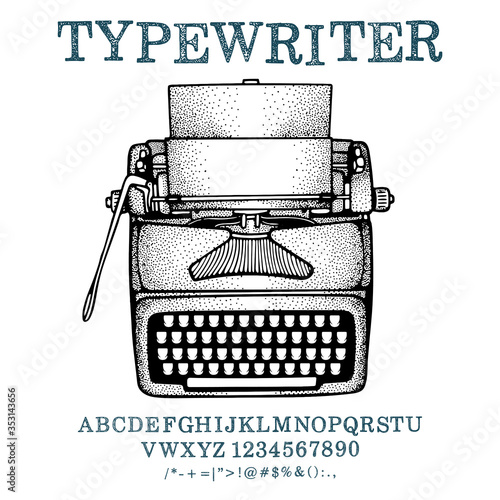 Typewriter. Hand drawn vintage typewriter vector illustration and typewritten font. Part of set.
