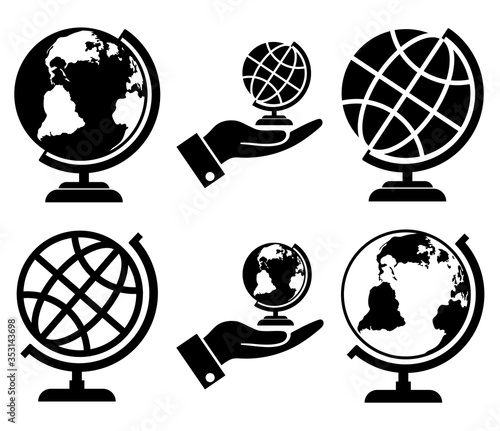 Globes. Geographical globe icon, logo isolated on white background. Education