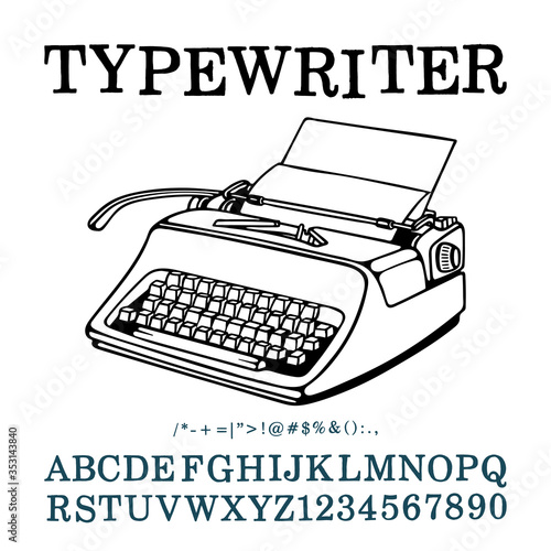 Typewriter. Hand drawn outline retro typewriter vector illustration and typewritten font. Part of set.