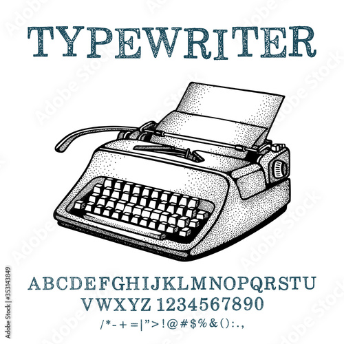 Typewriter. Hand drawn vintage typewriter vector illustration and typewritten font. Part of set.