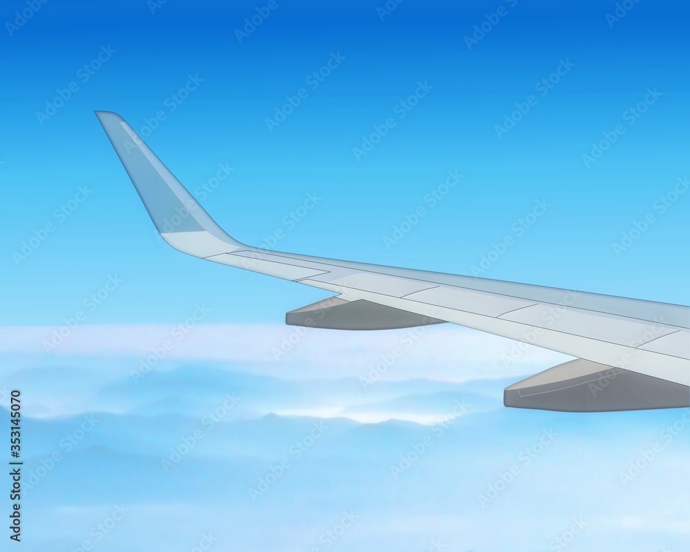 A wing of the airplane flying above the cloud with a blue sky horizon background. Holiday, vacation, and travel concept. Drawing part of the wing of the plane at the inside view from the window. A wing of the airplane flying above the cloud with a blue sky horizon background. Holiday, vacation, and travel concept. Drawing part of the wing of the plane at the inside view from the window.