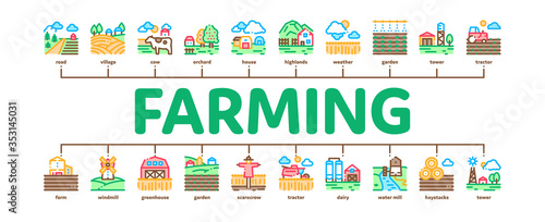 Farming Landscape Minimal Infographic Web Banner Vector. Farming Field And Barn Construction, Mill And Scarecrow, Tractor And Cow Farm Animal Illustration