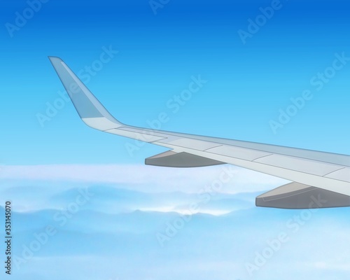 A wing of the airplane flying above the cloud with a blue sky horizon background. Holiday, vacation, and travel concept. Drawing part of the wing of the plane at the inside view from the window.