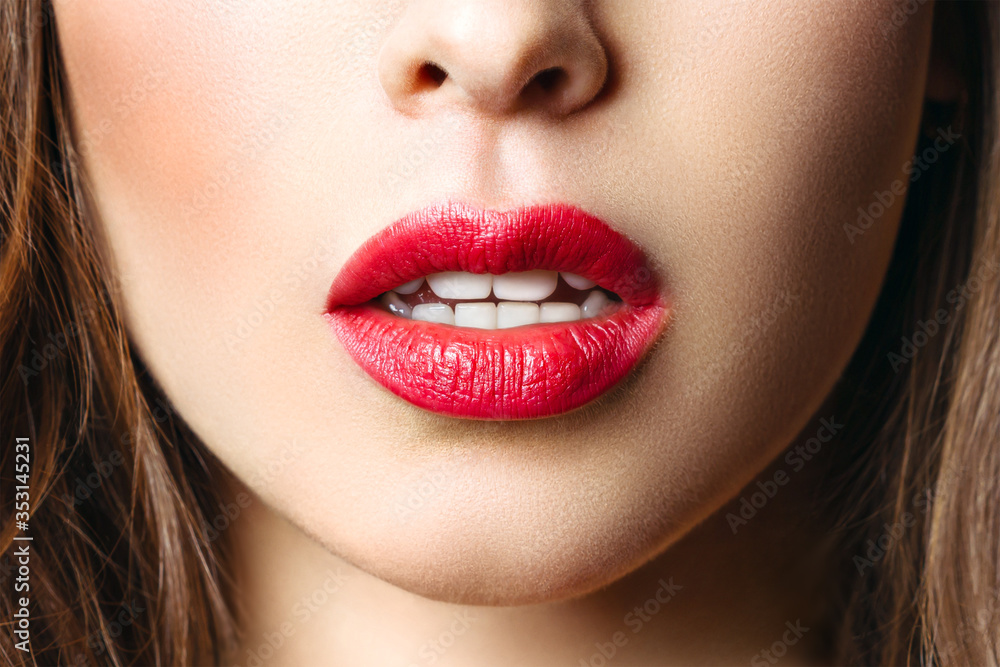 Sensual red Lip, mouth open. Beautiful Woman Portrait, close-up big Lips. Magnificent red ripstick on the lips Sensual red Lip, mouth open. Beautiful Woman Portrait, close-up big Lips. Magnificent red ripstick on the lips