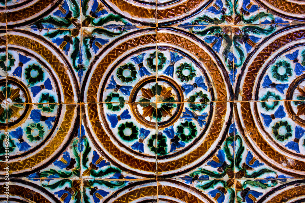Traditional tiled wall decoration in a city palace in Seville, Spain
