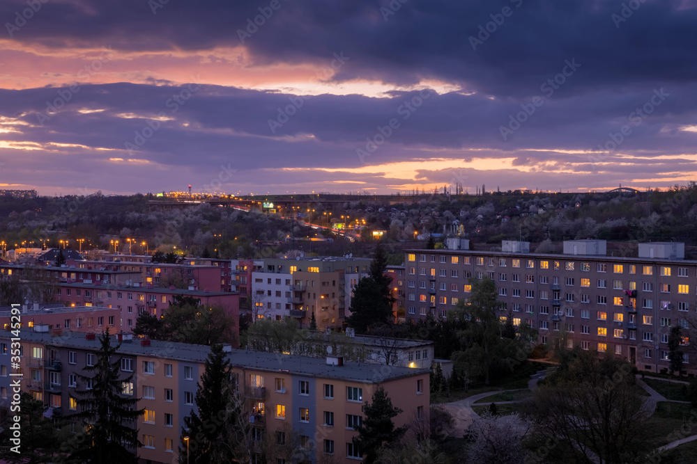 Sunset over residential area of Hloubetin, Prague