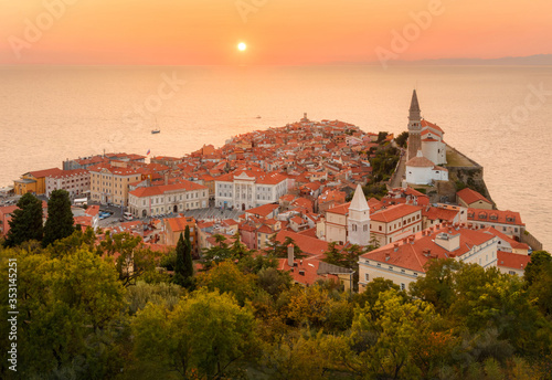 Romantic colorful sunset over picturesque old town Piran, Slovenia