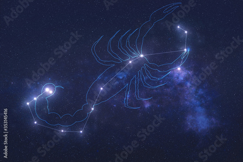 Fototapeta Naklejka Na Ścianę i Meble -  Scorpio Constellation stars in outer space with shape of a scorpio in lines. Zodiac Sign Scorpio constellation lines. Elements of this image were furnished by NASA