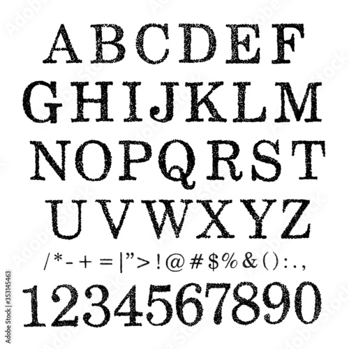 Typewriter font. Printed vintage letters, numbers and symbols. Part of set. 
