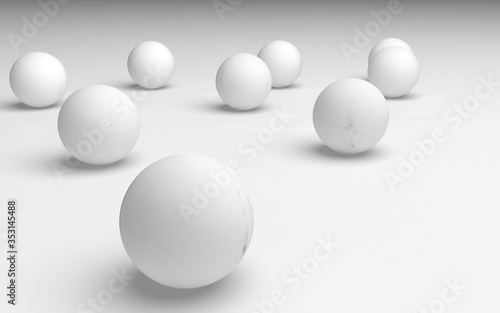 White abstract background. Set of white balls isolated on white backdrop. 3D illustration