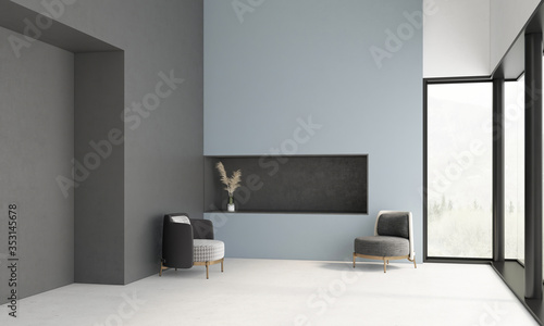 Minimalist interior design  with two modern armchairs in a living room  deep grey floor  sitting reception in contemporary style  with windows. 3d illustration 