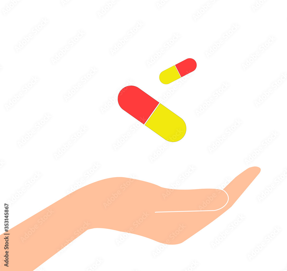 Medicines in the hands. Vector illustration of a flat design style. Healthcare concept. Take painkillers. Medicines in the hands. Vector illustration of a flat design style. Healthcare concept. Take painkillers.