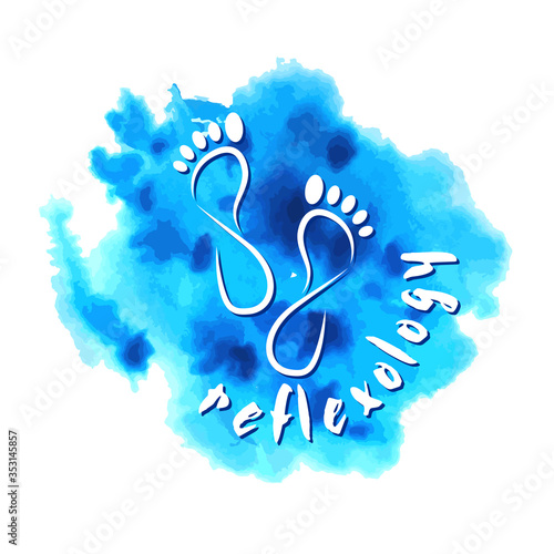 Reflexology.  Foot  Reflexology.  Inspection, prevention reflexes and therapy.  Silhouette of feet on blue watercolor background  for your design.  EPS10.