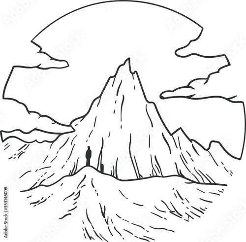 Mountain and clouds inscribed in a circle. Black and white vector sketch.