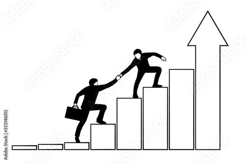 Business assistance. Helping hand entrepreneur. Helping each other. Growth progress. Help grow. Concept assistance. Business assistant. Silhouette men. Assist move forward. Effort achievement. Vector