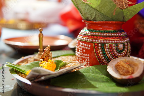 Puja thali with Ganesh murthi for maharashtrian marathi hindu wedding