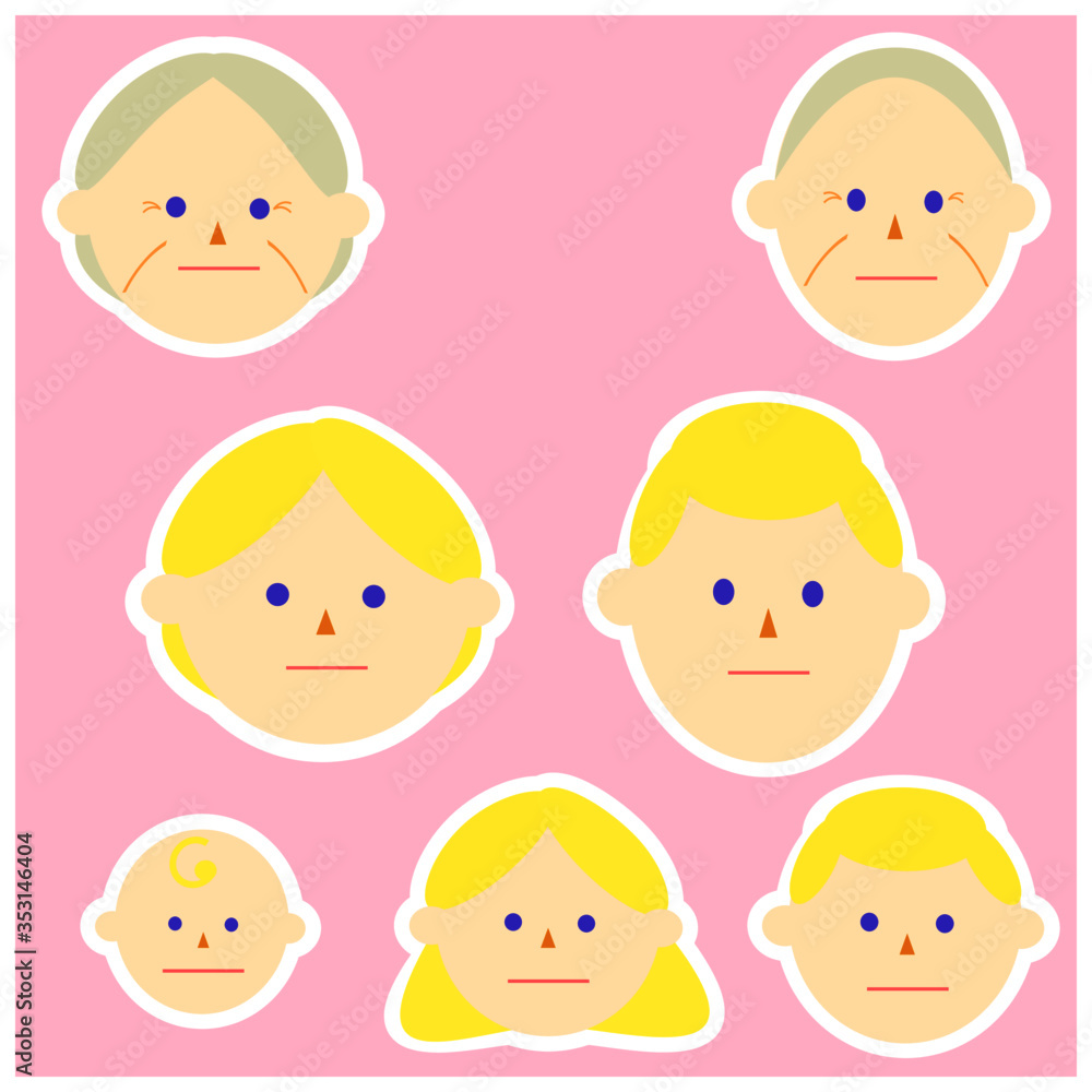 Face icons of Asian, black hair family members. Vector illustrations image. Emotions. Face icons of Asian, black hair family members. Vector illustrations image. Emotions.