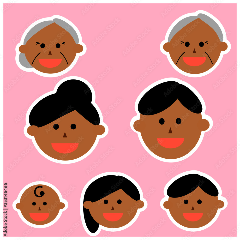 Face icons of Asian, black hair family members. Vector illustrations image. Emotions. Face icons of Asian, black hair family members. Vector illustrations image. Emotions.