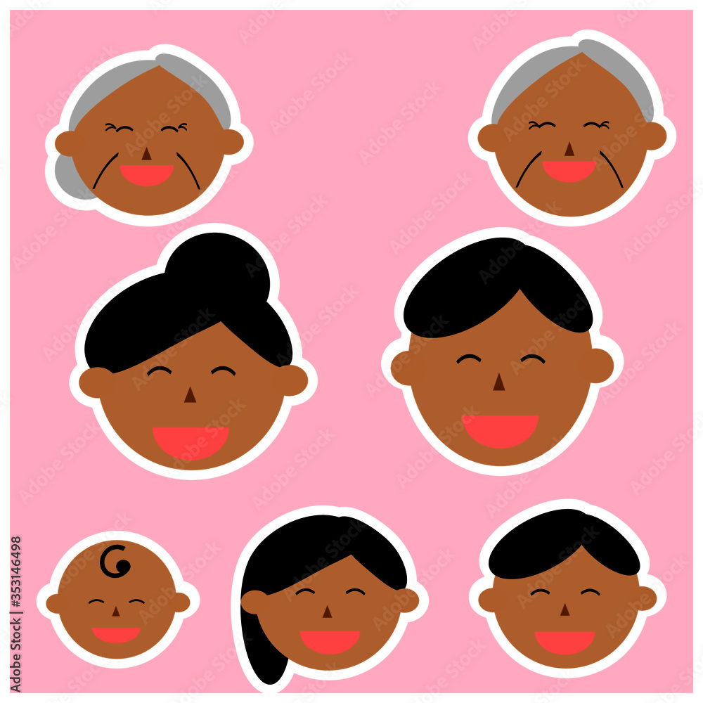 Face icons of Asian, black hair family members. Vector illustrations image. Emotions. Face icons of Asian, black hair family members. Vector illustrations image. Emotions.