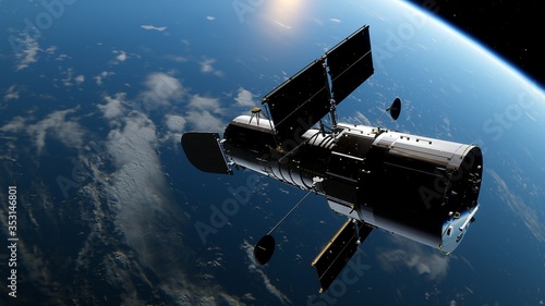 Obraz na płótnie Hubble telescope in orbit of the Earth, Hubble Space Telescope 3d render