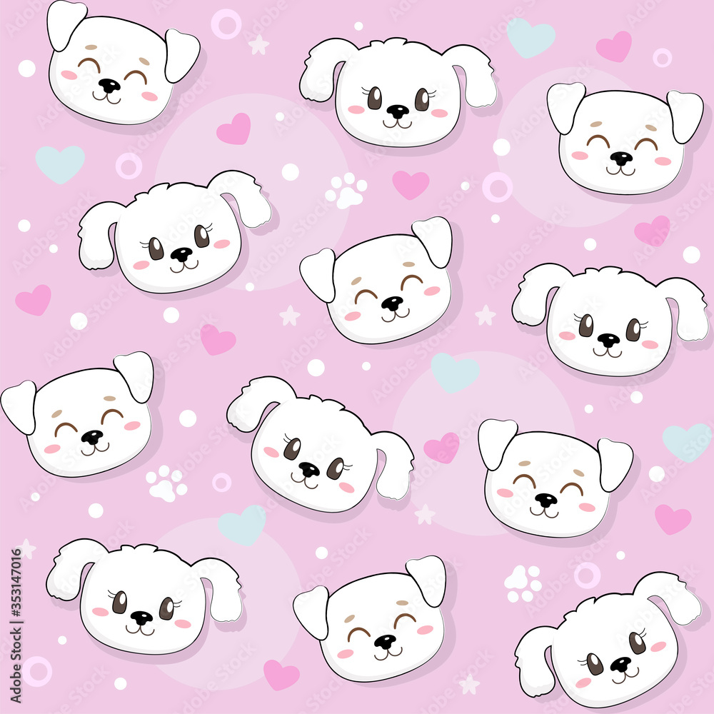 Obraz premium Cute seamless pattern with pretty puppies and dogs. Useful for many applications. Great for baby fabric, textile, wallpaper. Kids cartoon vector background. Pastel Colors.