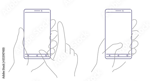 Hands Holding Smartphone Template, Outline Design Style Illustration