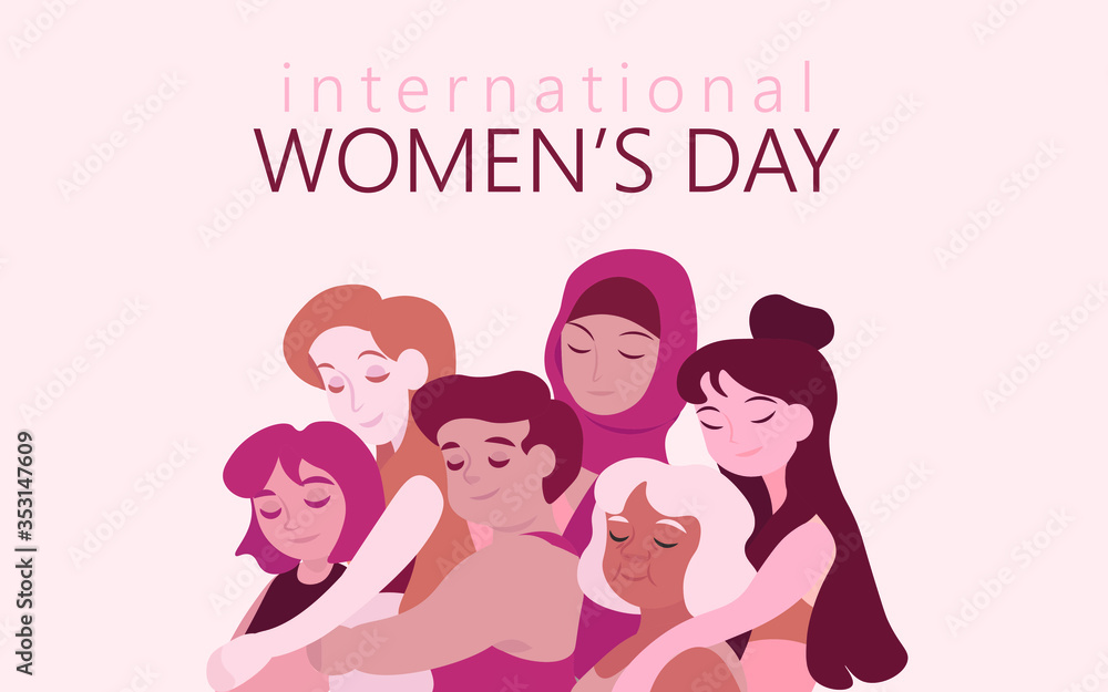 International women's day flat vector card, poster, banner. A group of different women hug International women's day flat vector card, poster, banner. A group of different women hug