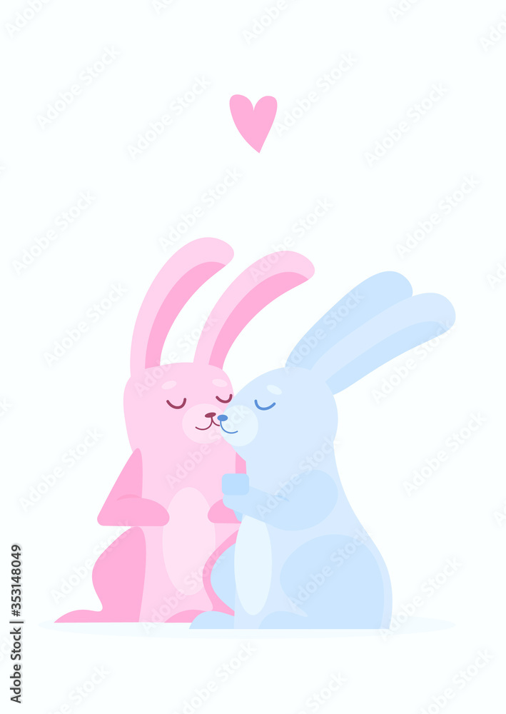 Obraz premium Two rabbits (bunnys) holding hands. Love flat vector postcard