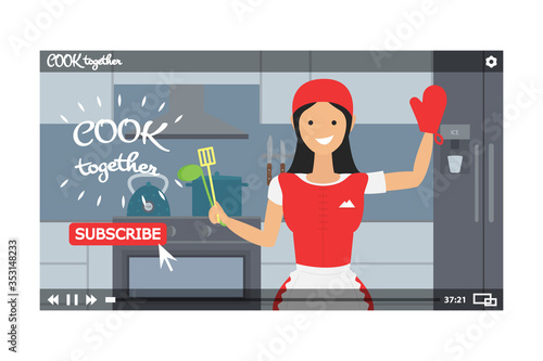 Vector banner for food blog with handsome woman. Video Blogger is greeting and invitating to subscribe to channel. Video blog with female leader like banner for social networks. Flat concept design