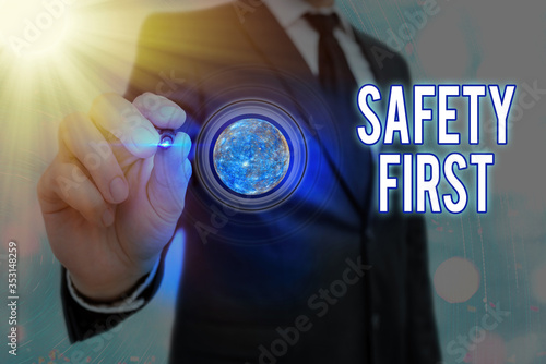 Word writing text Safety First. Business photo showcasing used to say that the most important thing is to be safe Elements of this image furnished by NASA photo