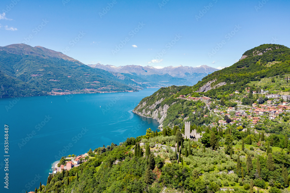 Aerial view of the village of Varenna and Vezio on Lake Como, Italy