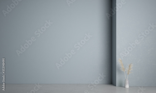 Grey blue empty minimalist interior scandinavian room with stylish white vase  and large dark blue wall in the background  simple space design for artwork  mock up.  3d illustration 