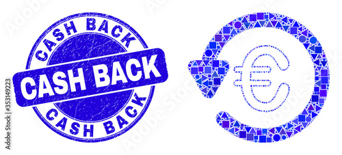 Geometric euro chargeback mosaic icon and Cash Back stamp. Blue vector rounded textured stamp with Cash Back title. Abstract mosaic of euro chargeback organized of circle, triangles,