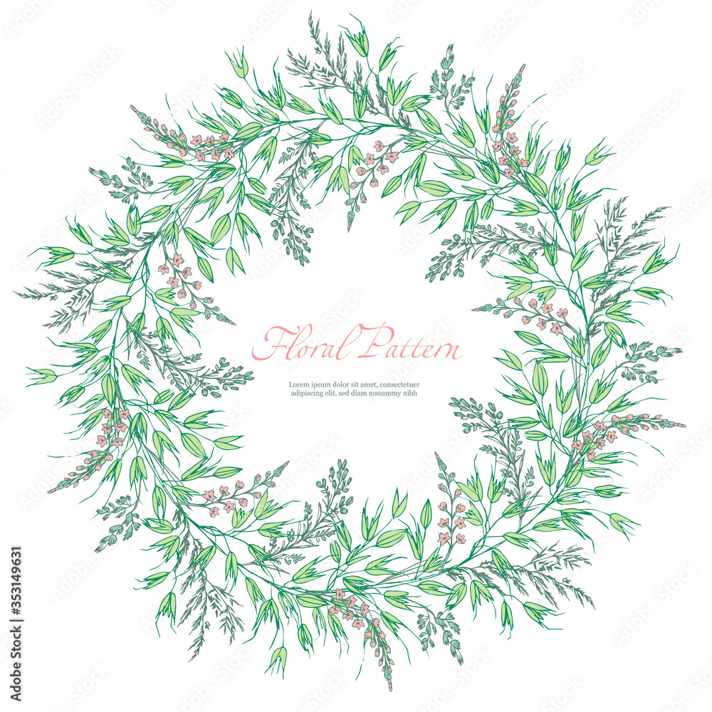 Abstract template floral round pattern on white background. Garlands spikelets, oats and small pink flowers. Romantic frame greeting card for invitation, wedding, birthday. Vector illustration, sketch