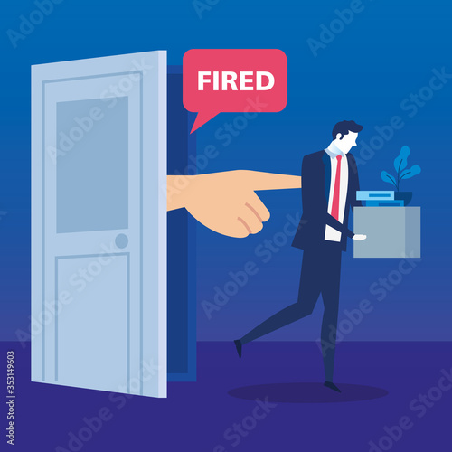 dismissed person, businessman sad fired, dismissal, unemployment, jobless and employee job reduction concept vector illustration design