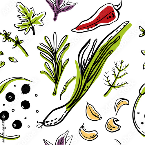 Seamless pattern with various vegetables and herbs. Colorful sketch of healthy vegetables and herbs isolated on white background. Doodle hand drawn vector illustration