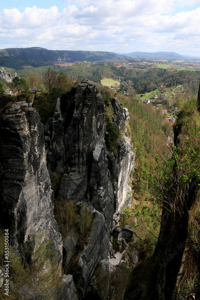 Valley view from the Bastei bridge in the Saxon Switzerland National Park