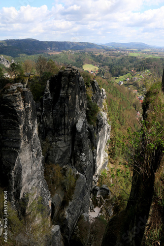 Valley view from the Bastei bridge in the Saxon Switzerland National Park