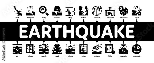 Earthquake Disaster Minimal Infographic Web Banner Vector. Building And Road Destruction, Stone Collapse And Earthquake Catastrophe Illustration