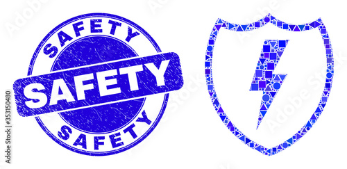 Geometric electric shield mosaic icon and Safety seal stamp. Blue vector rounded grunge seal with Safety message. Abstract mosaic of electric shield constructed of spheric, tringle,
