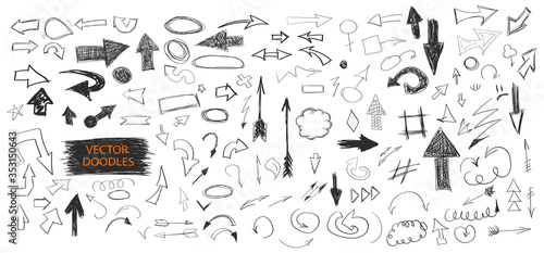 Doodle arrows vector set. Pen sketches. Drawn arrows and symbols. Simple up, down, left, right doodling collection. Pencil sketchbook drawing.