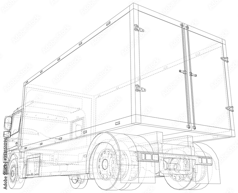 Commercial van truck illustration vector. Wire-frame line isolated. Vector rendering of 3d.