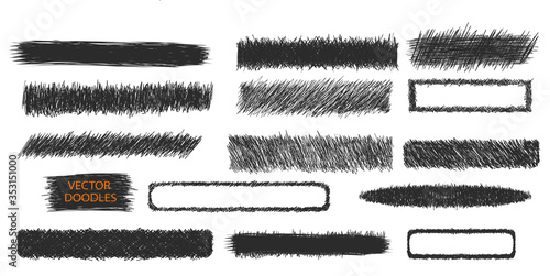 Doodles vector set. Pen sketches. Drawn symbols, signs and frames. Simple doodling collection. Pencil sketchbook drawing.